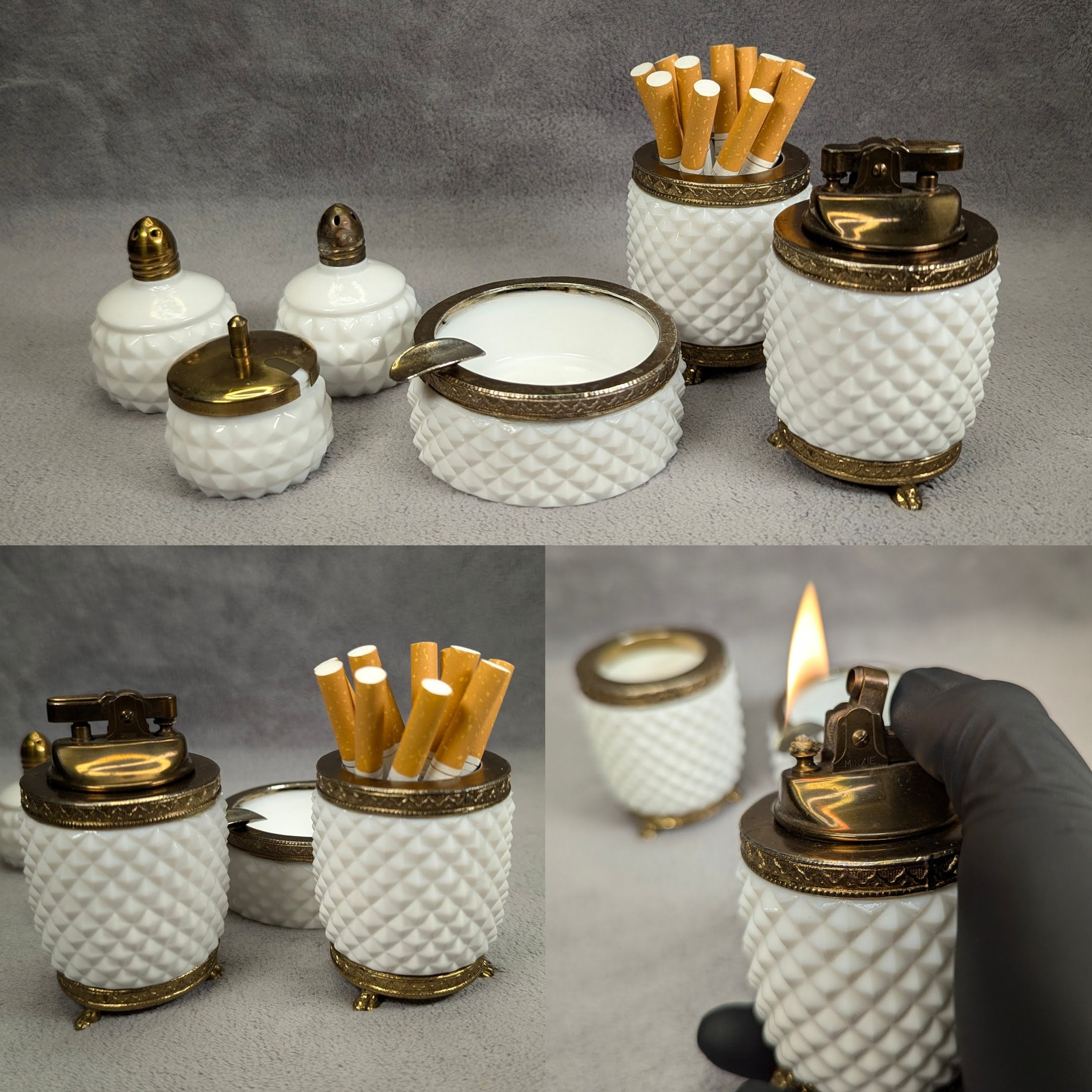 【オンライン限定商品】  Milk Hobnail Vintage Glass Lighter Table - Set Table アンティーク雑貨
