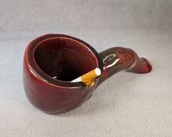 Rare Dunhill Pipe Ashtray - Ceramic, Made in France - Burgundy Glaze, Gold Accents - Midcentury Modern, Vintage Ashtray, Smoking Accessories