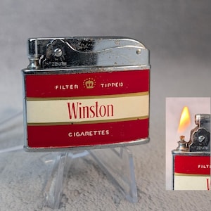 Vintage Winston Cigarettes Lighter - Flat Advertising Lighter - Working - Unique Gifts for Him Her - Promotional Midcentury - Lighter Repair