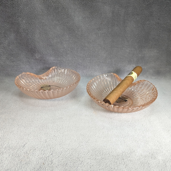 Vintage Pink Neapolitan Pressed Glass Ashtrays - New Old Stock, Signed, Sticker - Toscany Handmade in Italy - Murano Venetian - Matching Set