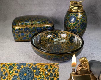 Kari-Kalamdani Floral Smoking Set - Blue Gold Flowers, Nature - Table Lighter, Ashtray, Cigarette Case - Working Vintage Lighter - MCM Decor