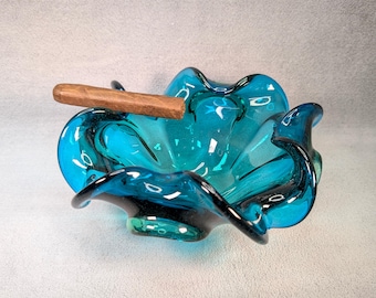 XL MCM Murano Art Glass Cigar Ashtray - Dark Blue, Teal, Aqua - Made in Italy - Natural Waves - Cigar Ashtray, Vintage Midcentury Modern