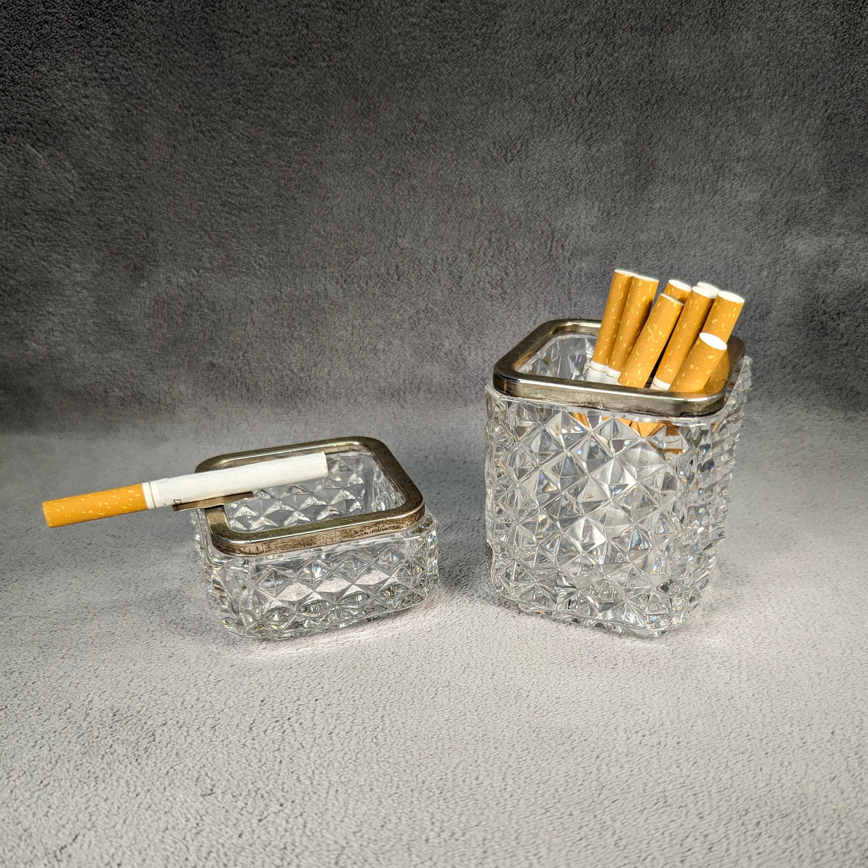 cigarette case with ashtray German Crystal & Sterling Smoking Set - 1920s Vintage Ashtray and Cigarette  Holder - Emil Hermann - Art Deco, Nouveau - Diamond Pattern
