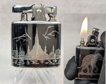 RARE Niello Sterling Silver Ronson Standard Lighter - Siamese Elephant, Arun Thailand - Working Vintage Lighter - Restored Refurbished Gift