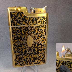 Art Deco Evans Trig-A-Lite King Size Cigarette Case and Lighter - Printed Floral Filigree, Black and Gold - Working Vintage Lighter Restored