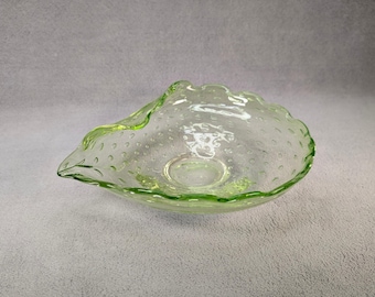 Vintage Green Murano Glass Style Ashtray - Bullicante, Controlled Bubbles, Ruffled Edge - Hand Blown Art Glass - Venetian