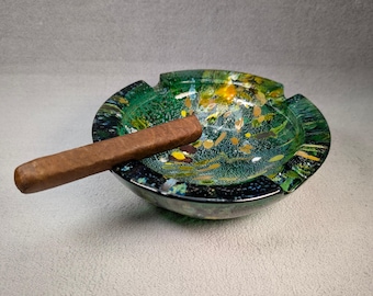 MCM Confetti Art Glass Ashtray - Murano Style, Tutti Frutti - Green Spatter, Gold Flake - Cigar Ashtray, Vintage Midcentury Modern MCM