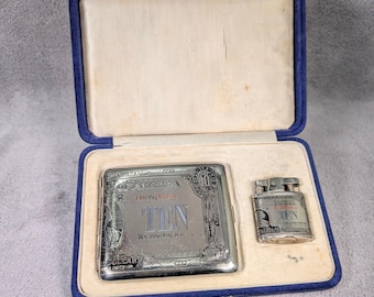 RARE Japanese Ten Dollar Gold Certificate Smoking Set - Vintage Lighter, Cigarette Case - 1930s 1940s Japan Souvenir - Smoking Accessories