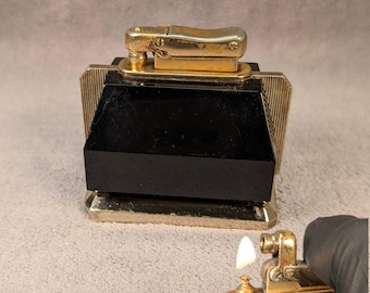 MCM Colibri by Kreisler Table Lighter - Black Lucite, Gold Fins - Midcentury Modern - Working Vintage Lighter - Unique Smoking Accessories