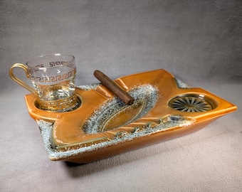 Midcentury Modern California Pottery Ashtray - Jumbo Cigar Ashtray, Drink Coasters - MCM Decor Retro Old School Smoking Accessories