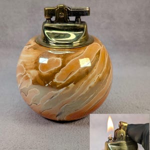MCM Flow Glaze Orb Table Lighter - Marbled Swirl Finish, Orange Glaze Ceramic - Working Vintage Lighter - Midcentury Modern Decor - Restored
