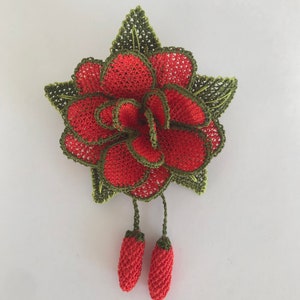 Handmade Red Silk Flower Brooch: Needle Lace Wedding Accessory