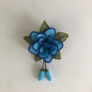 Handmade Needle Lace Flower Brooch: Blue Silk Crochet Pin