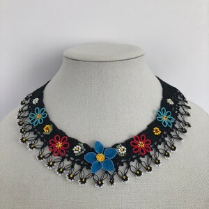Handmade Floral Needle Lace Necklace: Colorful Boho Jewelry