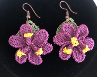 Handmade Purple Flower Earrings, Cute Spring Earrings for women, Mother’s Day  Gift, Crocheted Spring Earrings.