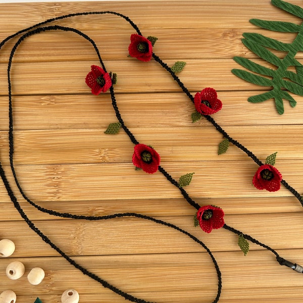 Red Poppy Flower Glasses Chain for Reading Glasses & Sun Glasses, Handmade Eyeglasses Needle Lace Cord, Sturdy Crotchet Eyeglasses Strap