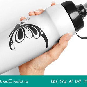May include: A white water bottle with a black butterfly design. The bottle has a black lid and a black carrying strap.