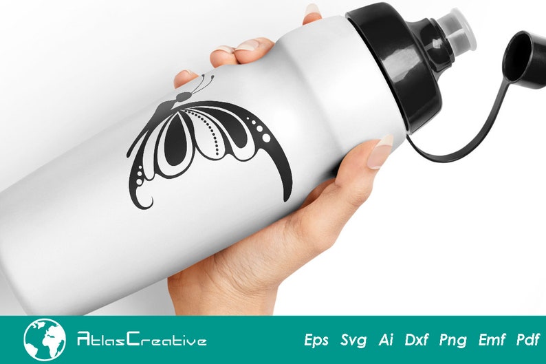 May include: A white water bottle with a black butterfly design. The bottle has a black lid and a black carrying strap.
