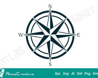May include: A black and white compass with the letters N, S, E, and W. The compass is a circle with a star in the center.