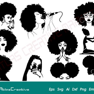 Afro Woman SVG (10) Bundle, Afro Queen, Afro Lady Svg, afro girl vector, African American, Black Woman, Png, Dxf, Psd, Emf, Eps, Ai en Svg