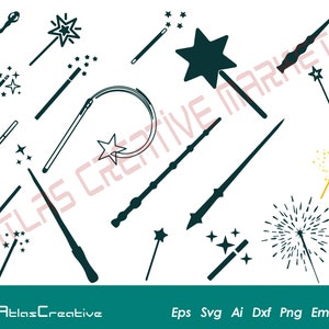 Baguette magique Svg (19) Bundle, Baguette Svg Halloween, Sorts de sorcières, Assistant, Fée, Baguette, Téléchargement instantané, Png, Dxf, Psd, Emf, Eps, Ai et Svg