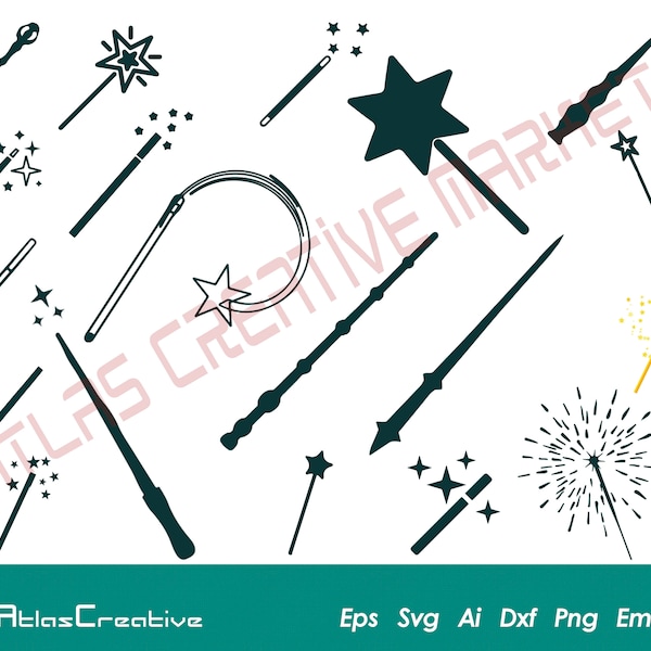Magic Wand Svg (19) Bundle, Wand Svg Halloween, Witches Spells, Wizard, Fairy, Wand, Instant Download, Png, Dxf, Psd, Emf, Eps, Ai and Svg
