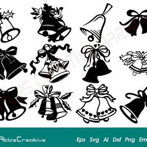 May include: A set of 10 black and white Christmas bell illustrations. The bells are in various styles, some with bows, some with holly, and some with a simple design. The illustrations are perfect for use in crafting, scrapbooking, or digital design.