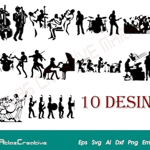Band Svg (10) Bundel, Orkest silhouet, Band Oefeningen Stretch, Marching Instrument, Band Musical, Png, Dxf, Psd, Emf, Eps, Ai en Svg