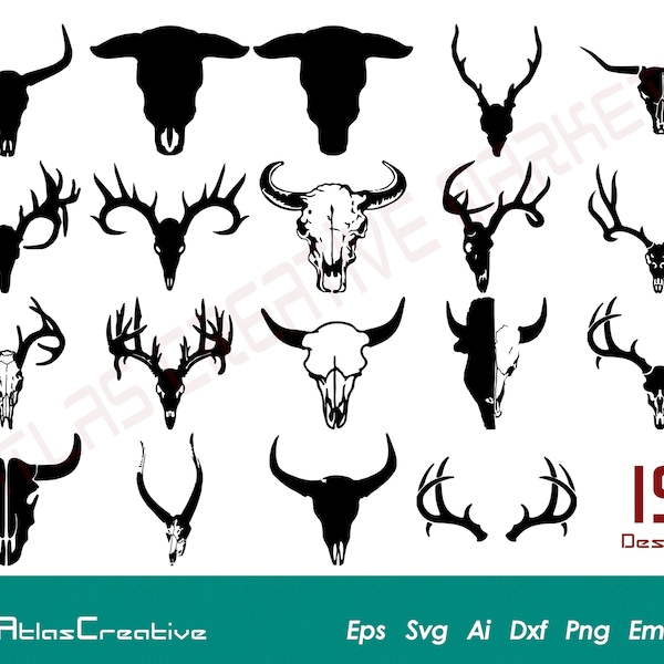 Bull Skull Svg (21) Bundle, Cow Skull svg,horns, Southwest Cricut, longhorn head, buffalo skull clipart, Png, Dxf, Psd, Emf, Eps, Ai and Svg