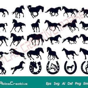May include: A set of 30 black silhouette images of horses in various poses, including running, standing, and jumping. There are also two horseshoe images with a horse head silhouette inside each horseshoe.