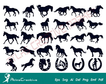Horse Svg (30) Bundle, Horse Silhouette, Horses Svg, Horseshoe Cricut, Horse Head, Prancing Horse Decal, Png, Dxf, Psd, Emf, Eps, Ai and Svg