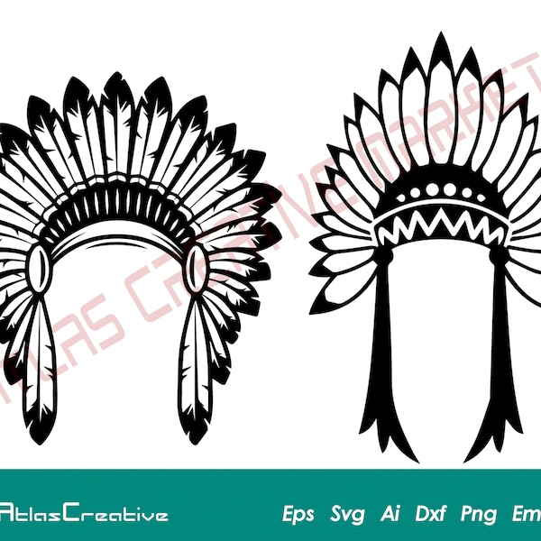 Indian Headdress Svg, Native American chief headdress, Native Svg, Headdress Cut file, Instant Download, Png, Dxf, Psd, Emf, Eps, Ai and Svg