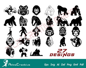 Gorilla SVG (27) Bundle, Gorilla head svg, Angry gorilla vector, Wild Animal Clipart, Instant Download, Png, Dxf, Psd, Emf, Eps, Ai and Svg