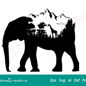 May include: Black silhouette of an elephant with a mountain range and trees inside its body. The silhouette is set against a white background.