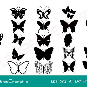 May include: A set of 20 black butterfly silhouette vector illustrations. The butterflies are in various poses and sizes.
