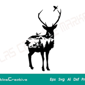 Deer Svg File, Deer mountain silhouette, Outdoor Hunting, Deer Outdoor Svg, Forest in Deer, Png, Dxf, Psd, Emf, Eps, Ai and Svg