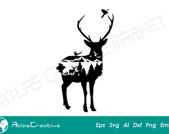 Deer Svg File, Deer mountain silhouette, Outdoor Hunting, Deer Outdoor Svg, Forest in Deer, Png, Dxf, Psd, Emf, Eps, Ai and Svg