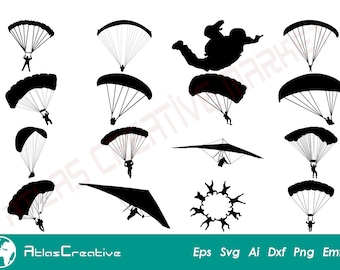 Parachute SVG Bundle, Skydivers (16) SVG Bundle, Parachute Clipart, Parachuting, Jumping, Silhouette, Png, Dxf, Psd, Emf, Eps, Ai et Svg