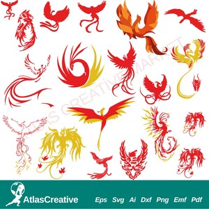 Bundle Phoenix SVG (19), Clipart Firebird, conception de vecteur mythologie pour Cricut, téléchargement immédiat, Png, Dxf, Psd, Emf, Eps, Ai et Svg