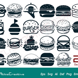 Hamburger Svg (23) Bundle, file Burger Cricut, Fast Food svg, Burger food silhouette, Hamburger Vector, Png, Dxf, Psd, Emf, Eps, Ai e Svg
