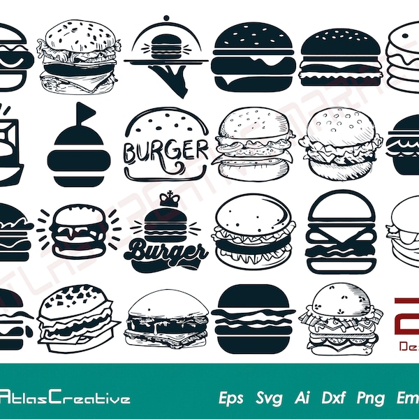 Hamburger Svg (23) Bundle, Burger Cricut file, Fast Food svg, Burger food silhouette, Hamburger Vector, Png, Dxf, Psd, Emf, Eps, Ai and Svg