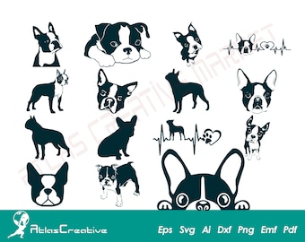 Boston Terrier Svg (15) Bundle, fichiers de silhouette de chien américain cricut, clipart de chiot, téléchargement instantané, Png, Dxf, Psd, Emf, Eps, Ai et Svg