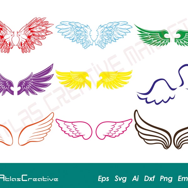 Angel Wings Svg Bundle, Angel Wing shape, Angel Wings Clip Art, Colorful Wings Cut File For Silhouette, Png, Dxf, Psd, Emf, Eps, Ai and Svg