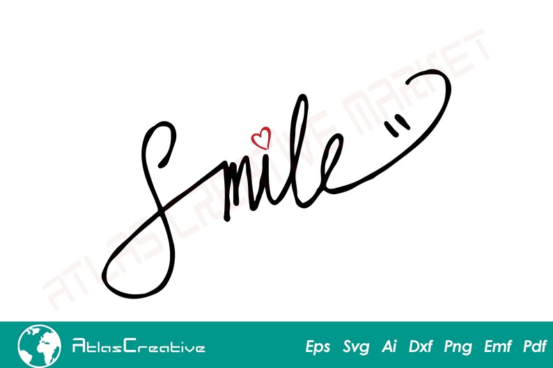 Puede incluir: Un dise&ntilde;o de fuente cursiva en blanco y negro de la palabra "smile" con un peque&ntilde;o coraz&oacute;n rojo sobre la "i".