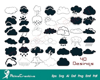 Cloud Svg (40) Bundle, Rain Clouds vector, Sun Cloud silhouette, partly cloudy cut file, clouds clipart, Png, Dxf, Psd, Emf, Eps, Ai and Svg
