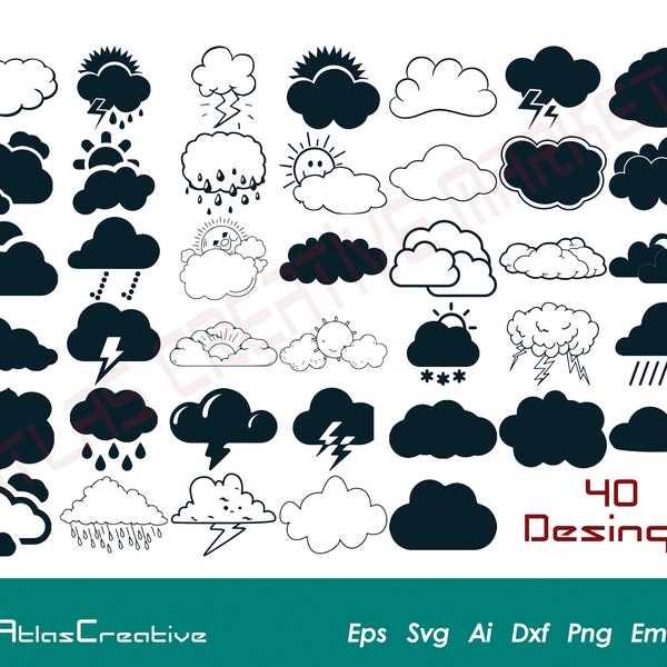 Cloud Svg (40) Bundle, Rain Clouds vector, Sun Cloud silhouette, partly cloudy cut file, clouds clipart, Png, Dxf, Psd, Emf, Eps, Ai and Svg