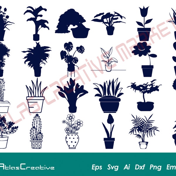 House Plant Svg (24) Bundle, Potted Plant Vectors, Hanging Plant Svg, Gardening Silhouette, Greenery, Png, Dxf, Psd, Emf, Eps, Ai and Svg