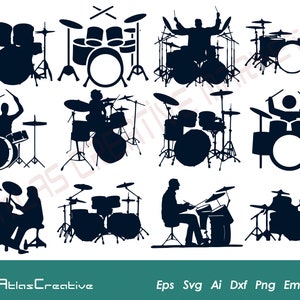 Drum Svg (12) Bundle, Drummer svg cutting file, Band, Music clipart, rock svg file, Drum set vector, Png, Dxf, Psd, Emf, Eps, Ai y Svg