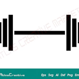 May include: A black and white silhouette of a barbell with weight plates on each end.