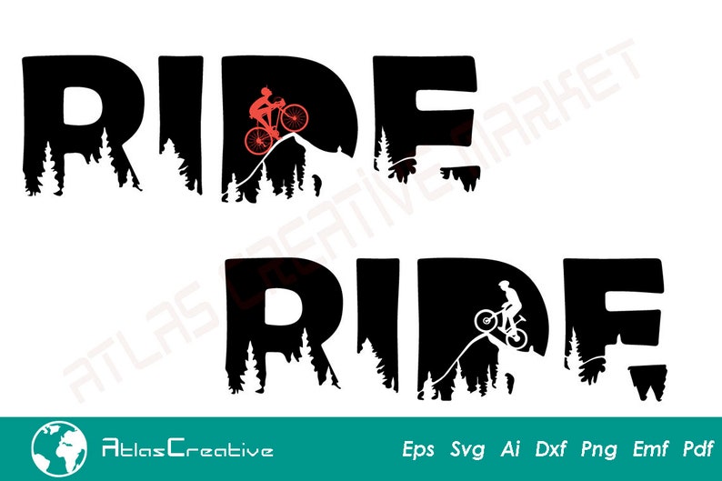 May include: Black and white silhouette design of the word "RIDE" with a mountain and a cyclist in the middle of the word. The word "RIDE" is repeated below the first word.